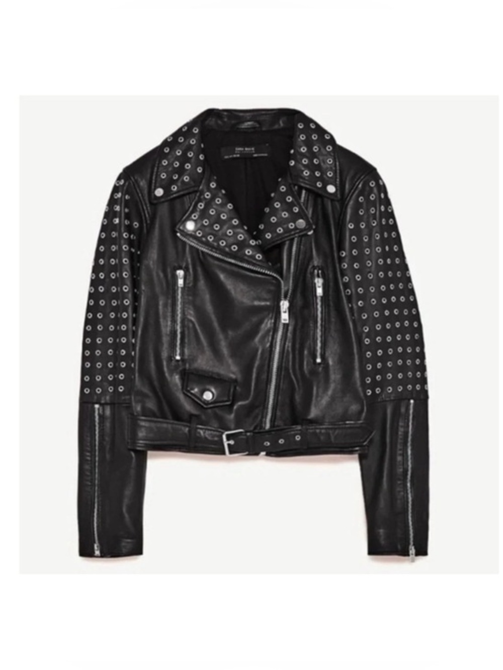 Zara Studded Leather Jacket Black Moto Jacket Belted Women's Size Medium Punk